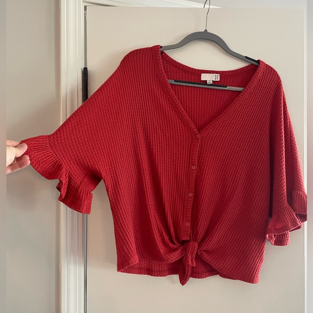 Orange/red button blouse with front tie